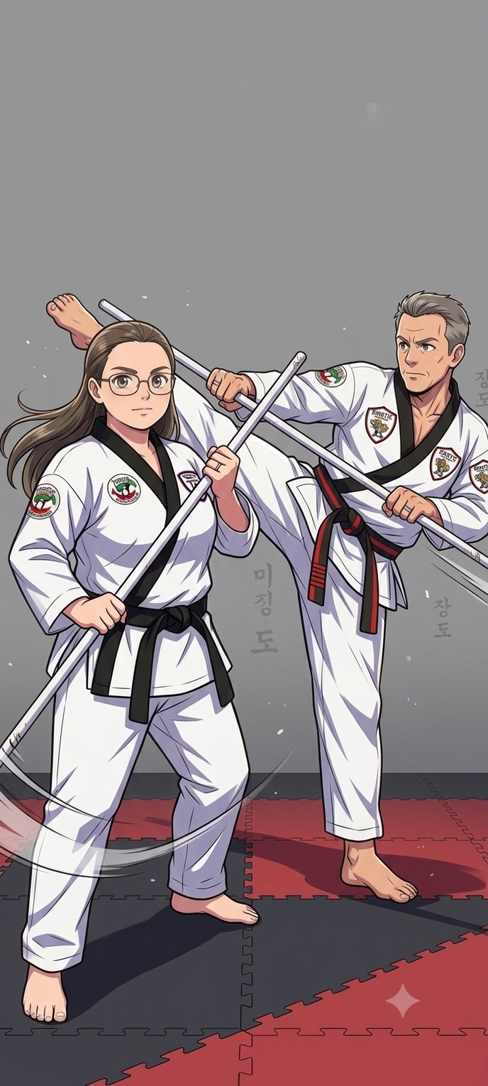 Illustration of Kinetic Taekwondo instructors Ms. Mullins and Mr. Paul training with staffs